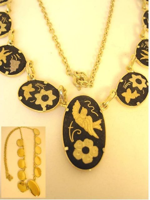 Vintage Exotic Japanese bird festoon necklace Victorian Mourning bird choker Black gold damascene jewelry