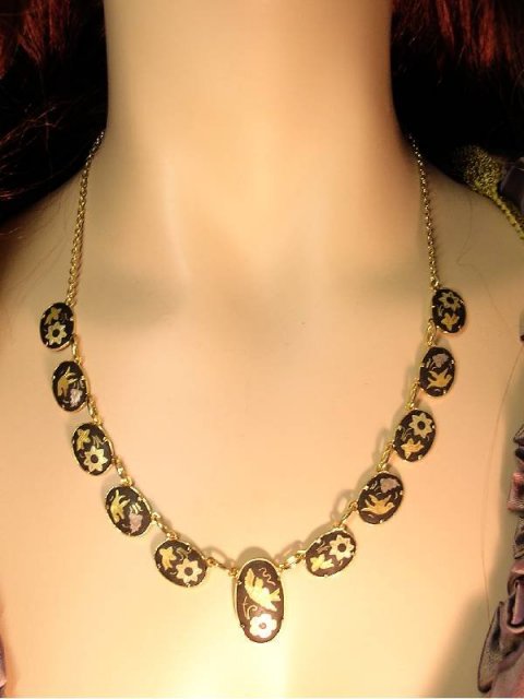 Vintage Exotic Japanese bird festoon necklace Victorian Mourning bird choker Black gold damascene jewelry