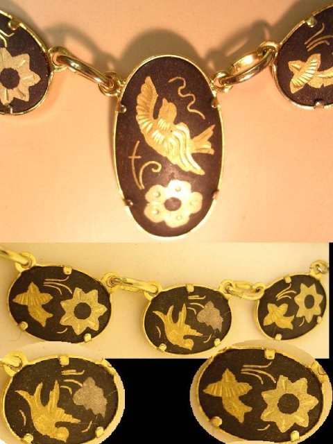 Vintage Exotic Japanese bird festoon necklace Victorian Mourning bird choker Black gold damascene jewelry