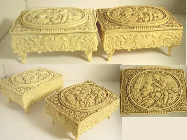 Pair Vintage Victorian Ivorine footed boxes