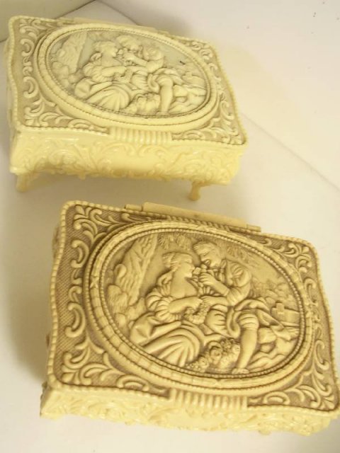 Pair Vintage Victorian Ivorine footed boxes