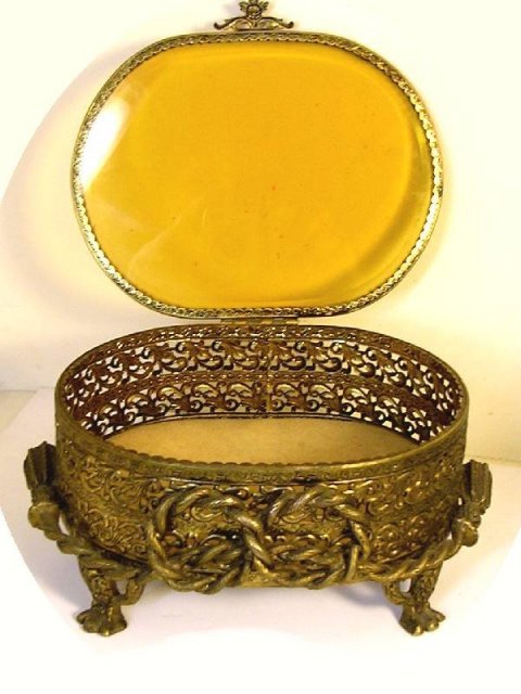 Antique LARGE Amber GLass Ormolu jewelry casket Gold Footed Vanity Box accessory