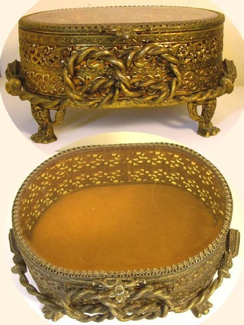 Antique LARGE Amber GLass Ormolu jewelry casket Gold Footed Vanity Box accessory