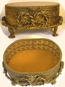 Antique LARGE Amber GLass Ormolu jewelry casket Gold Footed Vanity Box accessory