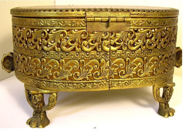 Antique LARGE Amber GLass Ormolu jewelry casket Gold Footed Vanity Box accessory