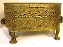 Antique LARGE Amber GLass Ormolu jewelry casket Gold Footed Vanity Box accessory