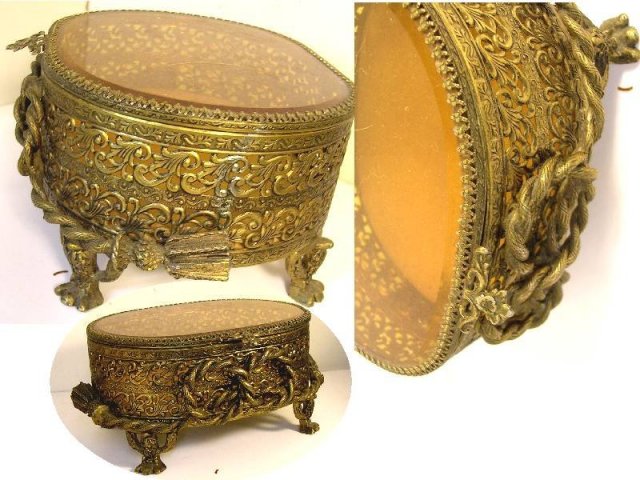 Antique LARGE Amber GLass Ormolu jewelry casket Gold Footed Vanity Box accessory