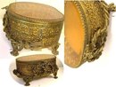 Antique LARGE Amber GLass Ormolu jewelry casket Gold Footed Vanity Box accessory
