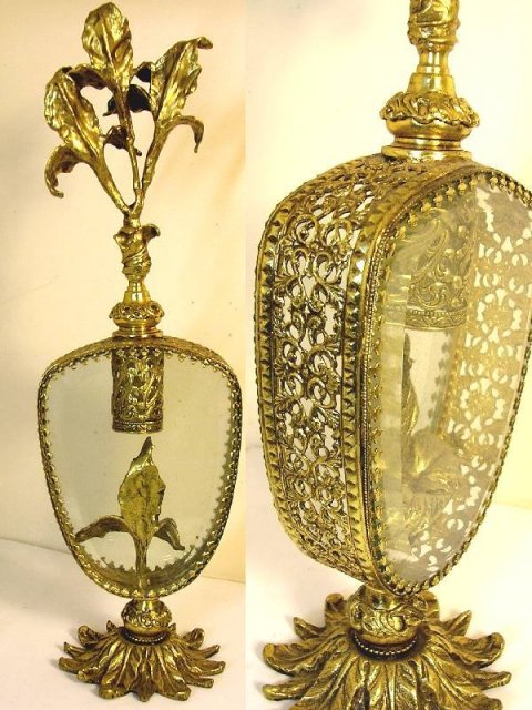 Huge antique Ormolu Perfume bottle Footed bottom beveled glass Art nouveau