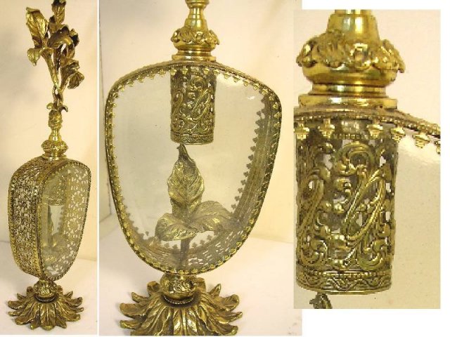 Huge antique Ormolu Perfume bottle Footed bottom beveled glass Art nouveau
