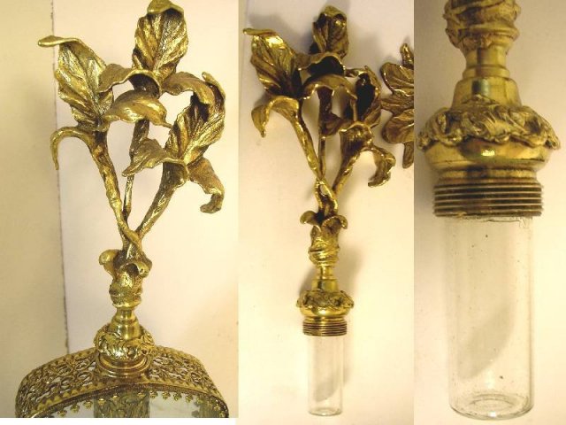 Huge antique Ormolu Perfume bottle Footed bottom beveled glass Art nouveau