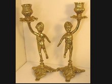 Pair Victorian Cherub fancy brass candlesticks