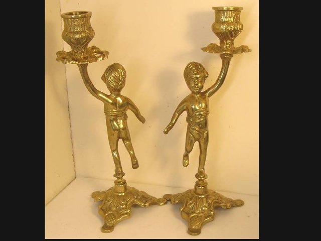 Pair Victorian Cherub fancy brass candlesticks