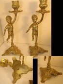Pair Victorian Cherub fancy brass candlesticks