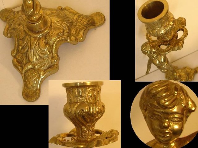 Pair Victorian Cherub fancy brass candlesticks