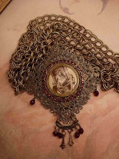 Vintage French Necklace LARGE religious antique icon Red garnet victorian portrait necklace BIG statement necklace