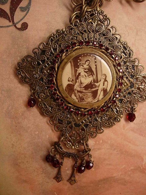 Vintage French Necklace LARGE religious antique icon Red garnet victorian portrait necklace BIG statement necklace