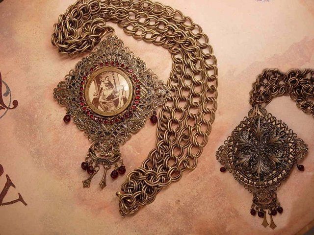 Vintage French Necklace LARGE religious antique icon Red garnet victorian portrait necklace BIG statement necklace