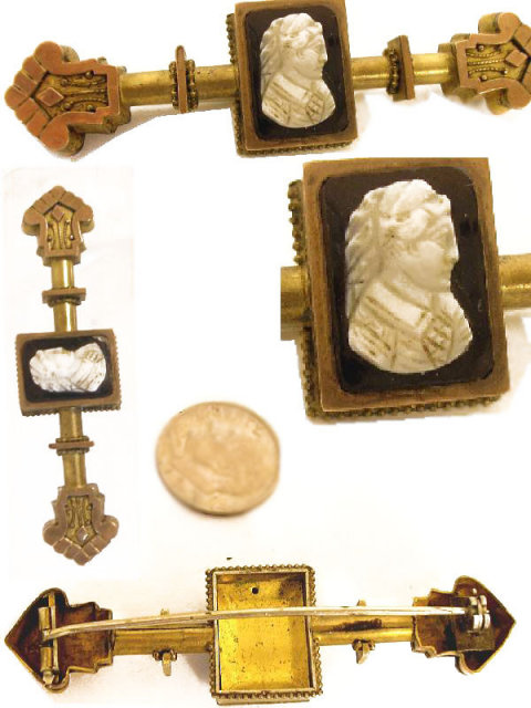 Antique Cameo Brooch * 1850s mixed metal rose & yellow Gold* bar pin Victorian Jewelry