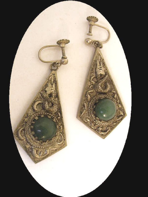Antique snake earrings Vintage jade Chinese Chimera snake