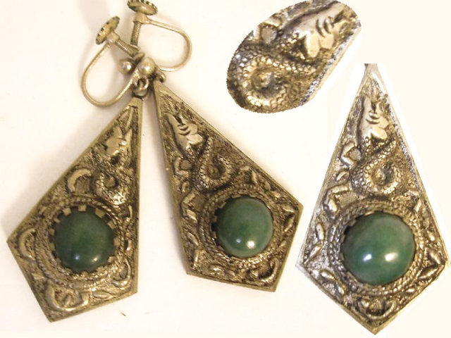 Antique snake earrings Vintage jade Chinese Chimera snake