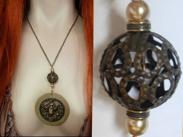 Exotic Nouveau Angel bronze Goddess earthen Gothic pearl necklace