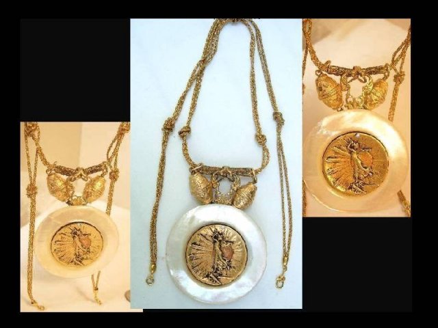 Nouveau HUGE Mother pearl Nude angel Golden jeweled Necklace OOAK
