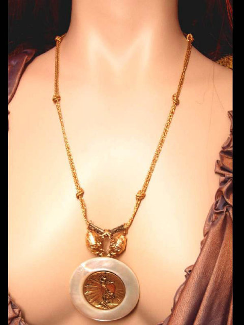 Nouveau HUGE Mother pearl Nude angel Golden jeweled Necklace OOAK