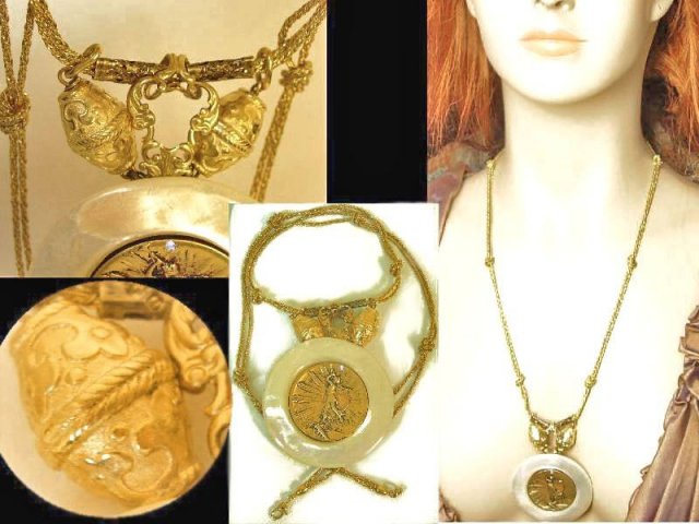 Nouveau HUGE Mother pearl Nude angel Golden jeweled Necklace OOAK