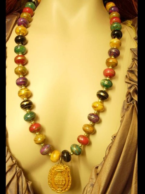 LONG Egyptian dancing goddesses pottery vase pendant gold dipped beaded Necklace