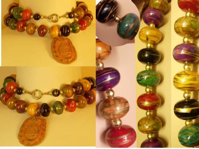 LONG Egyptian dancing goddesses pottery vase pendant gold dipped beaded Necklace
