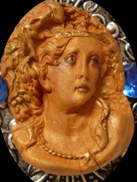 Gothic Cameo HUGE enamel and rhinestone Victorian setting Goddess Brooch