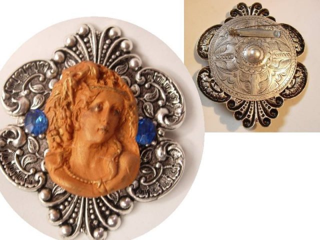 Gothic Cameo HUGE enamel and rhinestone Victorian setting Goddess Brooch