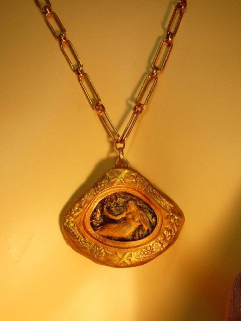 Nouveau style Miniature nude painting framed goddess necklace OOAK