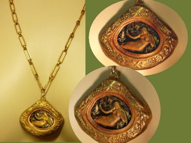Nouveau style Miniature nude painting framed goddess necklace OOAK