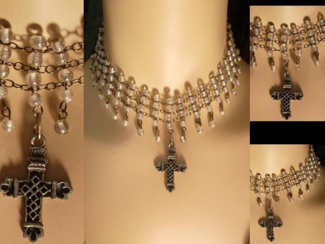 Gothic Edwardian style 130 glass bead Wide Cross Drop NEcklace