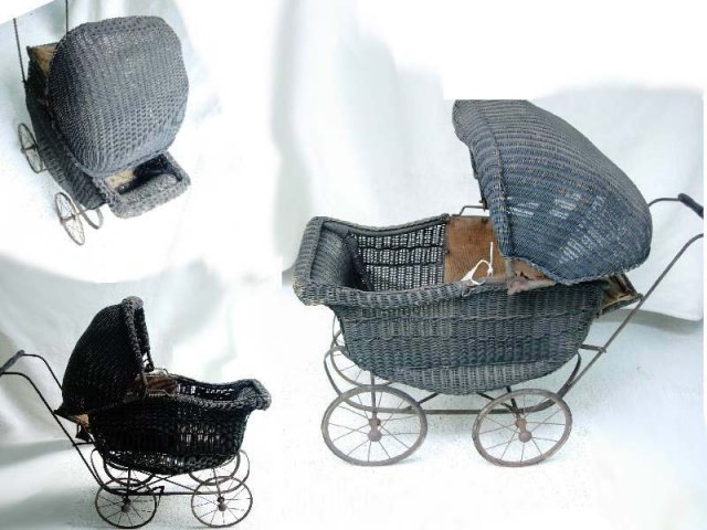 Antique Victorian Black Wicker Child's Baby Doll stroller buggy carriage pram fully functional
