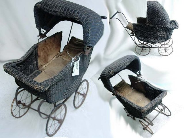 Antique Victorian Black Wicker Child's Baby Doll stroller buggy carriage pram fully functional