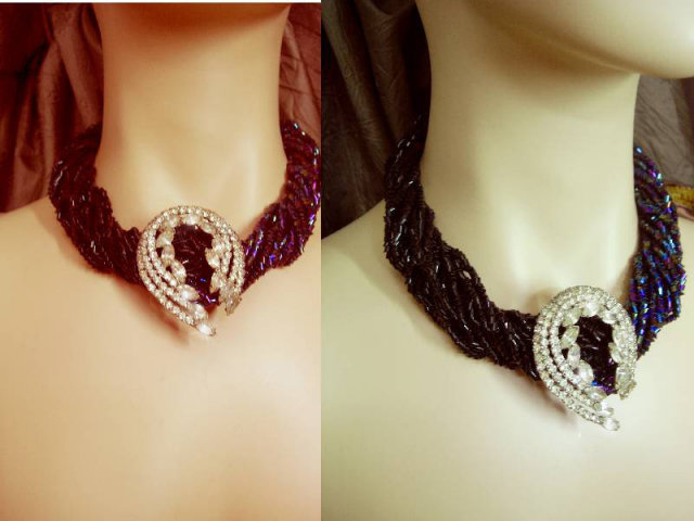 EXOTIC RAVEN GLASS multi strand Chunky RHINESTONE necklace