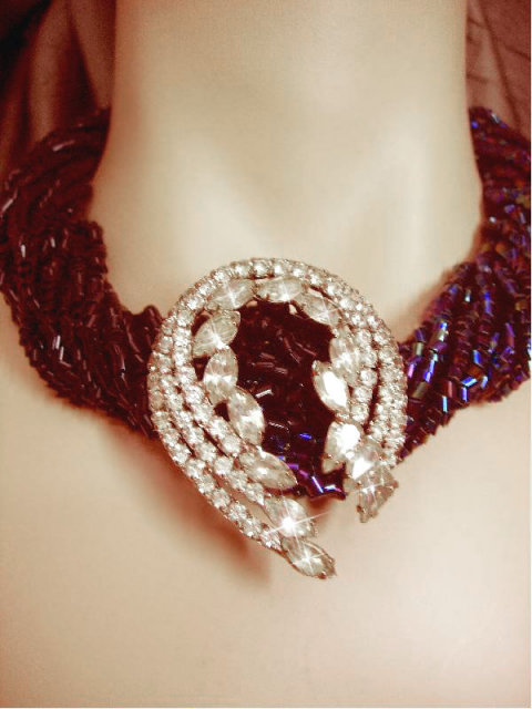 EXOTIC RAVEN GLASS multi strand Chunky RHINESTONE necklace