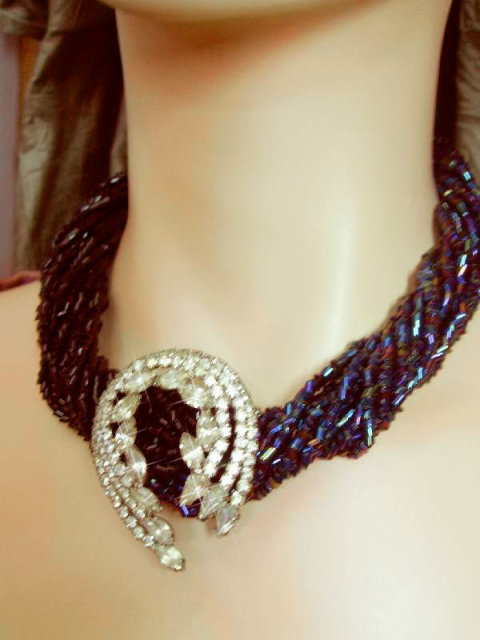 EXOTIC RAVEN GLASS multi strand Chunky RHINESTONE necklace