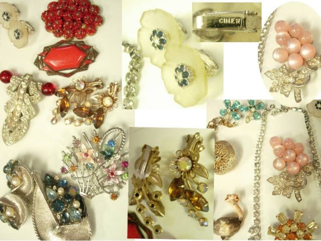 Vintage 20 pc LOT Costume jewerly SIgned HUGe rhinestones camphor glass enamel deco and MORE
