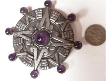 WIcca Gothic Spiritual amethyst sterling signed HUGE star sundial 1940's Vintage BRooch pendant