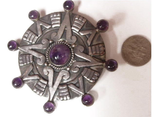 WIcca Gothic Spiritual amethyst sterling signed HUGE star sundial 1940's Vintage BRooch pendant