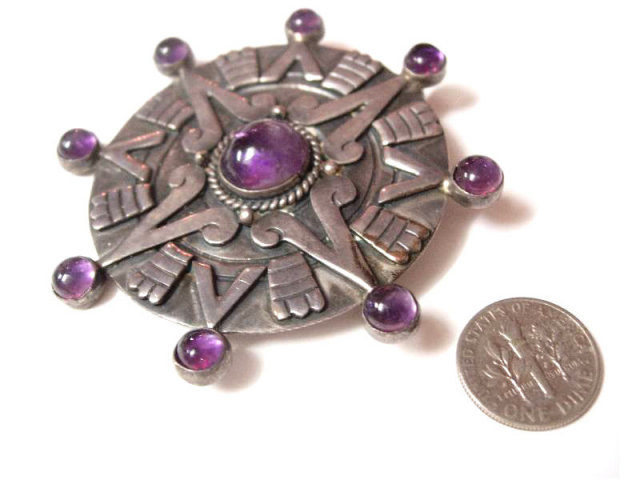 WIcca Gothic Spiritual amethyst sterling signed HUGE star sundial 1940's Vintage BRooch pendant
