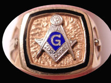 Vintage GOLD Enamel Masonic Ring Blue LOdge Applied Tools