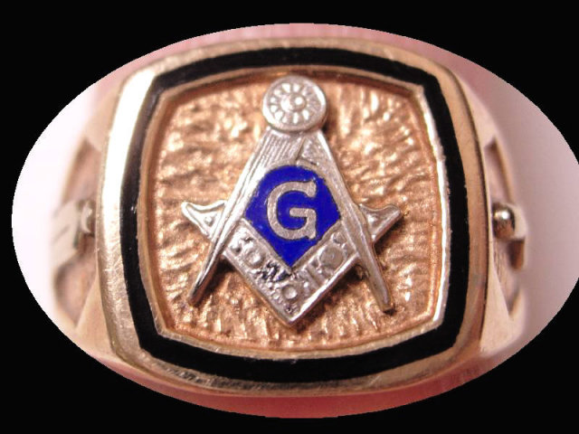 Vintage GOLD Enamel Masonic Ring Blue LOdge Applied Tools