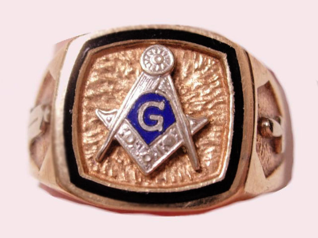 Vintage GOLD Enamel Masonic Ring Blue LOdge Applied Tools