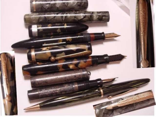 5 Vintage fountain pens sterling chatelaine bakelite inlay mother of pearl LOT