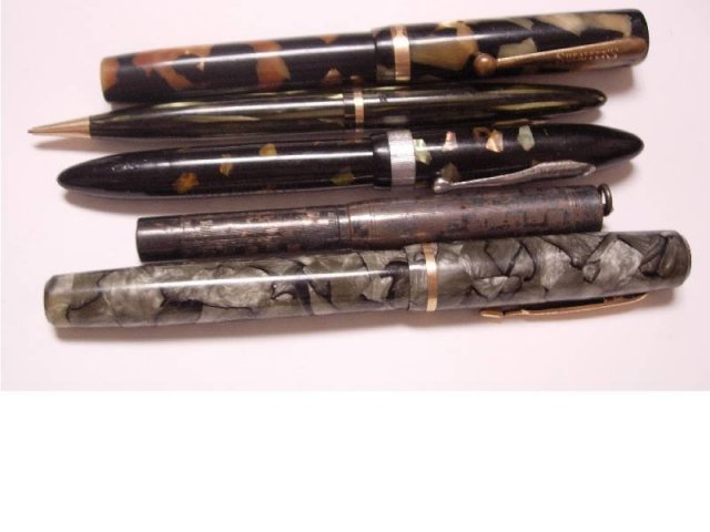 5 Vintage fountain pens sterling chatelaine bakelite inlay mother of pearl LOT